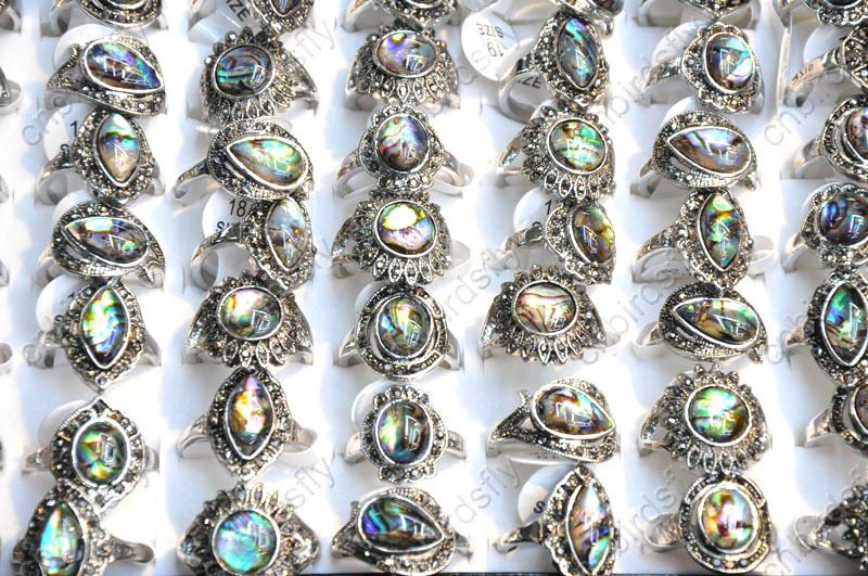 wholesale lots 25 CZ Abalone shell Tibet silver p Rings  