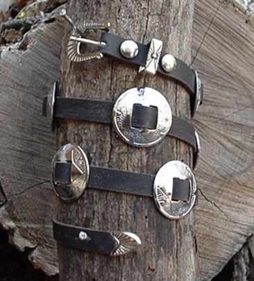 WESTERN HAT BAND BLACK LEATHER w 10 Nickel Conchos, 3 PC Buckle Set 