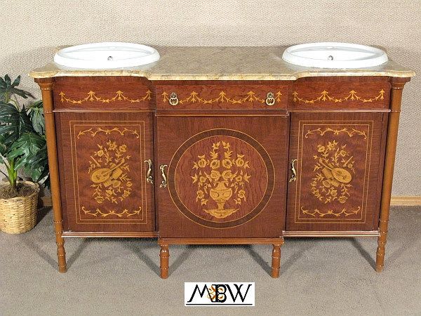 Italian Mahogany Walnut 2 Sink Bathroom Vanity w Marble  