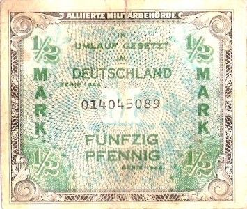 Germany WW II Allied Military Currency 1/2 Mark XF 014045089  