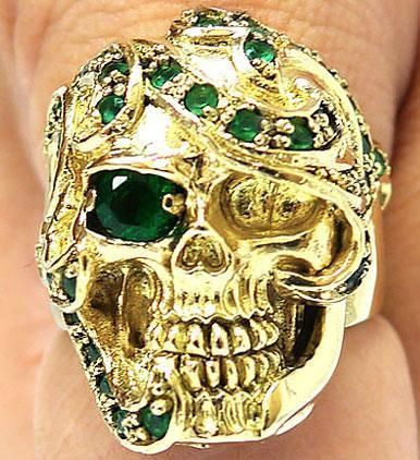 GREEN EMERALD SKULL LONG HAIR GOLD BRASS RING Sz 8 NEW  