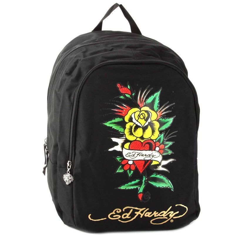 NWT Ed Hardy Black Josh Yellow Rose Flower Red Heart 17 Backpack 