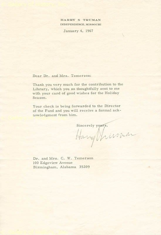 HARRY S TRUMAN   TYPED LETTER SIGNED 01/04/1967  