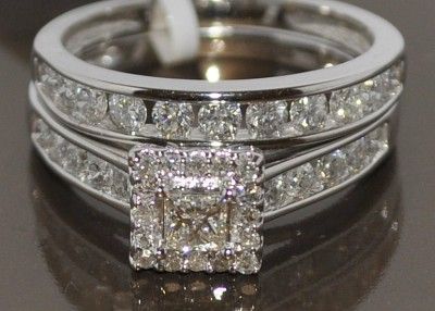 WEDDING SET BRIDAL 1CT WHITE GOLD PRINCESS CUT SQUARE TOP 2PC 