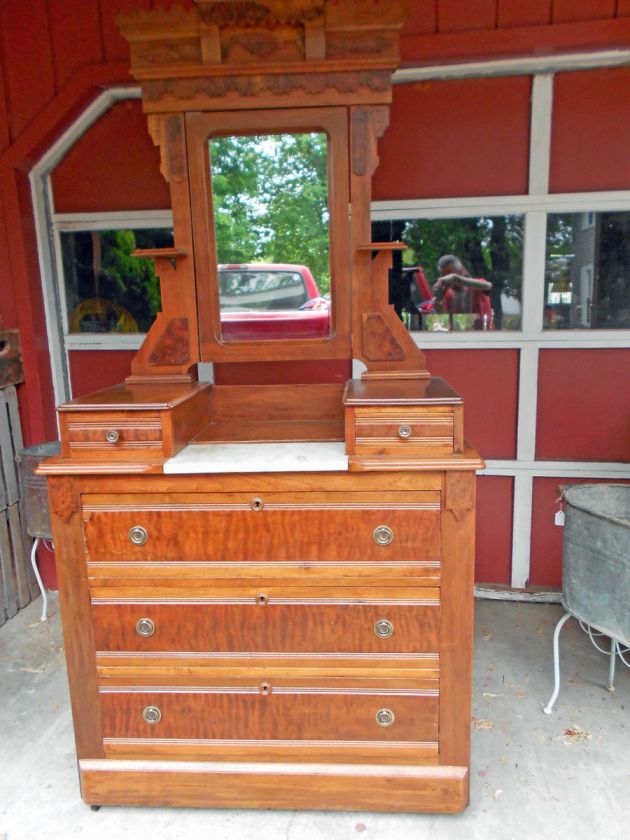   Victorian Era Eastlake Style Walnut w/ Marble Top Dresser & Mirror