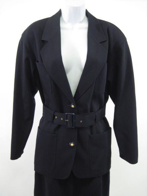 LOUIS FERAUD Navy Blue Belted Wool Skirt Suit Size 8  