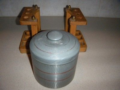   ART DECO SOLID WOOD PIPE STAND HOLDS 6 PIPES WITH TIN TOBACCO CANISTER