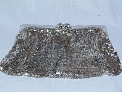   silver metal mesh clutch purse bag vintage rhinestones 2949  