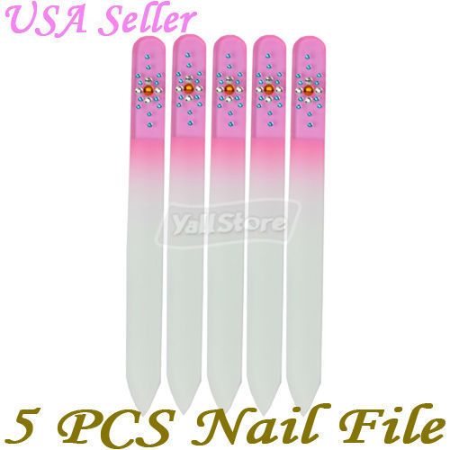 New 5 PCS Crystal Glass Nail Files 5.5 W/ 17 Rhinestone  