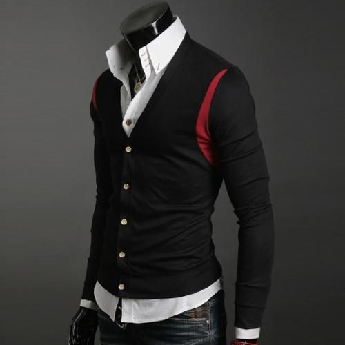 Mens Insert Colors Stylish Wool Cardigan Sweatershirt  