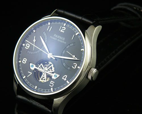 Parnis black dial Power Reserve automatic watch seagull movement 