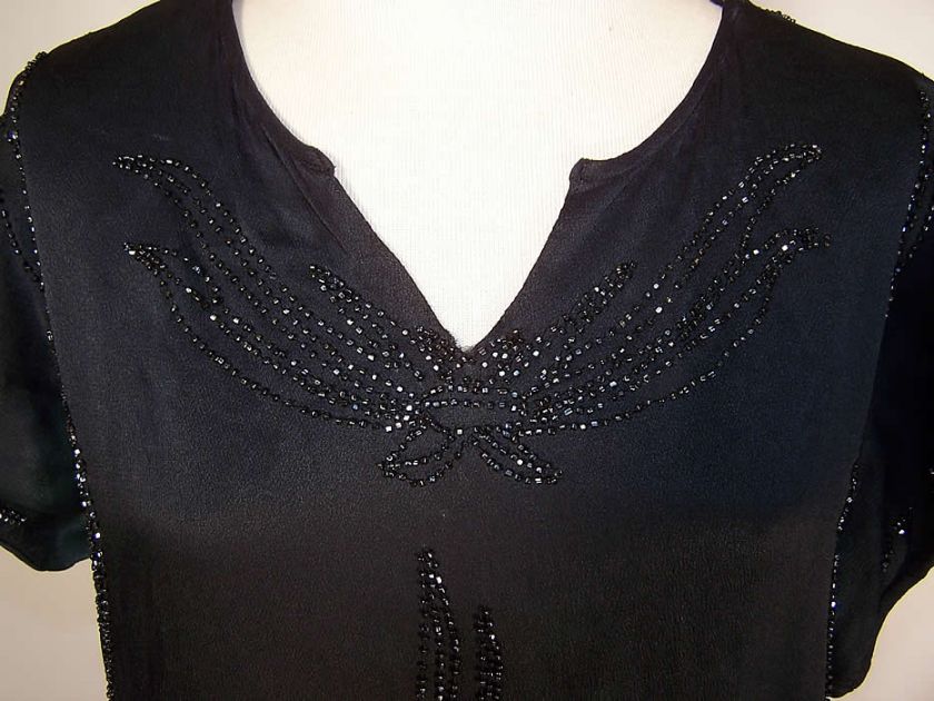   1920s Art Deco Flapper Black Silk Crepe Beaded Straight Shift Dress