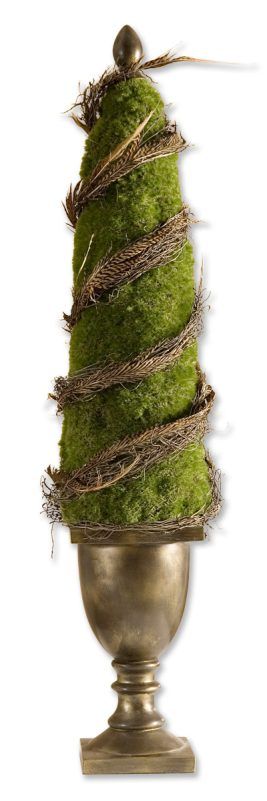   topiary of green moss, wrapped vines, and golden pheasant feathers