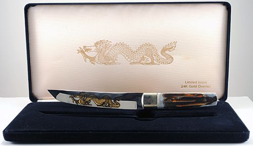 MINT Taylor/ Seto Stag Handle Tanto Knife, Gold Overlaid Blade 