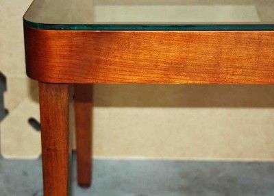 Lazy Boy Tod Oldham Curved Wood Design Mahogany Glass Top Coffee Table 