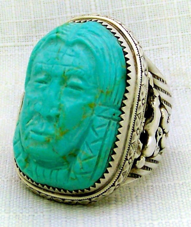  VINTAGE ESTATE STERLING SILVER CARVED TURQUOISE CHIEF SZ 11  