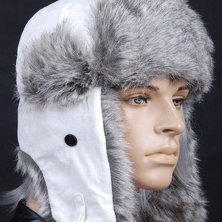   White Gray Winter Snow Bomber Trooper Trapper Mens Fur Hat Cap  