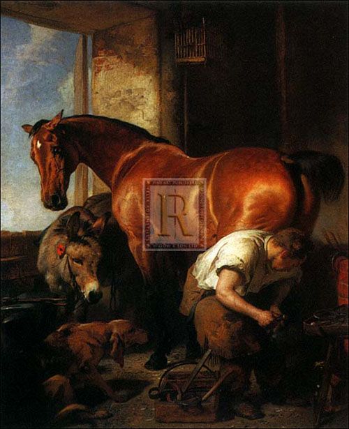 EDWIN LANDSEER Shoeing horse donkey blacksmith PRINT  