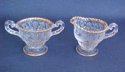 Cambridge Rose Point Individual Creamer Sugar Gold Trim  