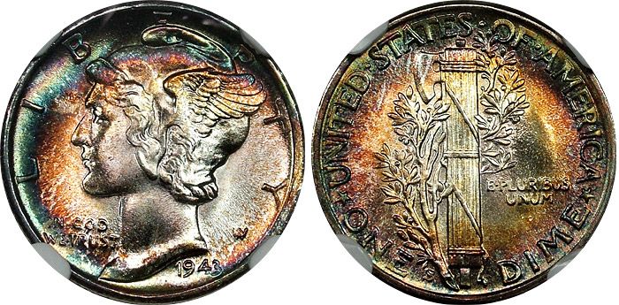 1943 S 10c NGC MS68* STAR Full Bands Rainbow Mercury Dime