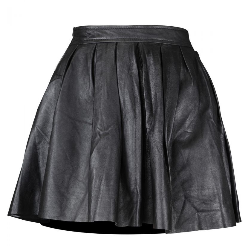 Womens Black Accordion Pleated Pleat A Line Elastic Waist Lambskin 