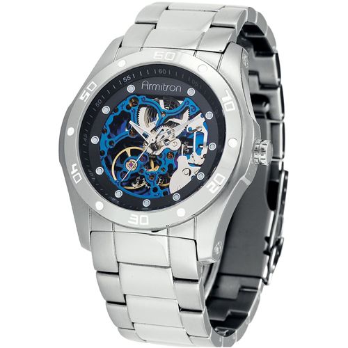 Armitron Mens Auto Skeleton SS Bracelet with Blue/Silver Gears  