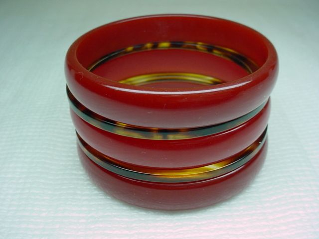 BAKELITE? CELLULOID? BRACELETS CHERRY RED & ROOT BEER  