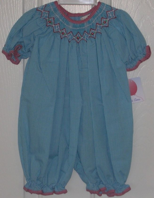 Petit Ami NEW girls teal bishop smocked romper size 3 months  