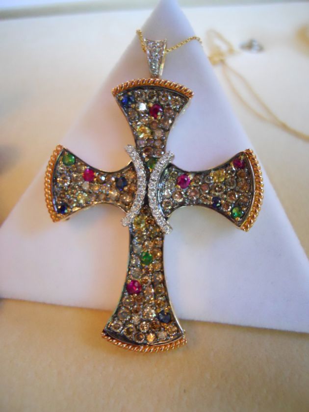 18K RG/YG MultiGemstone & Diamond Cross Pendant & Chain  