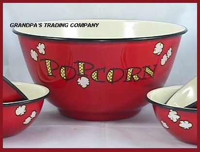 Enamelware Red Lg Popcorn Bowl Set w 4 Ind Bowls NEW  