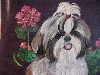 SHIH TZU & GERANIUMS HANDPAINTED PURSE TOTE HANDBAG  