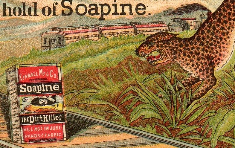 Leopard Train Soapine Soap Railroad Whale ad TRADE CARD  