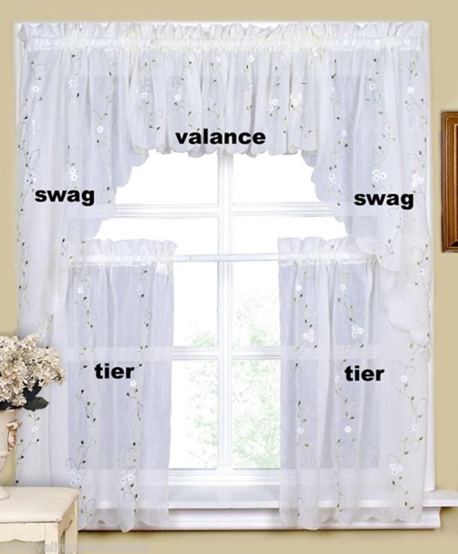 Daisy Embroidery Kitchen Curtain Set C Ivory 5PCS 36 T  