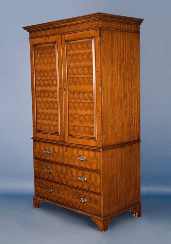 English Antique Style Yew Oyster Linen Press Cabinet  