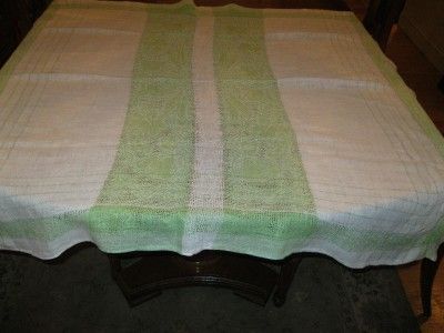 VINTAGE SQUARE WHITE LINEN GREEN STRIPE DRAWN TABLECLOTH 45 X 45 