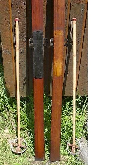 ANTIQUE Wooden Skis 77 Wood Skiis OLD BAMBOO POLES Ski  