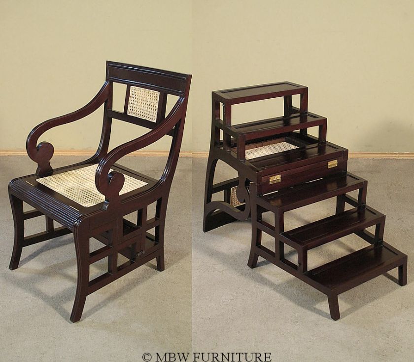 Solid WALNUT Rattan Ladder Chair Library Steps 01dww  