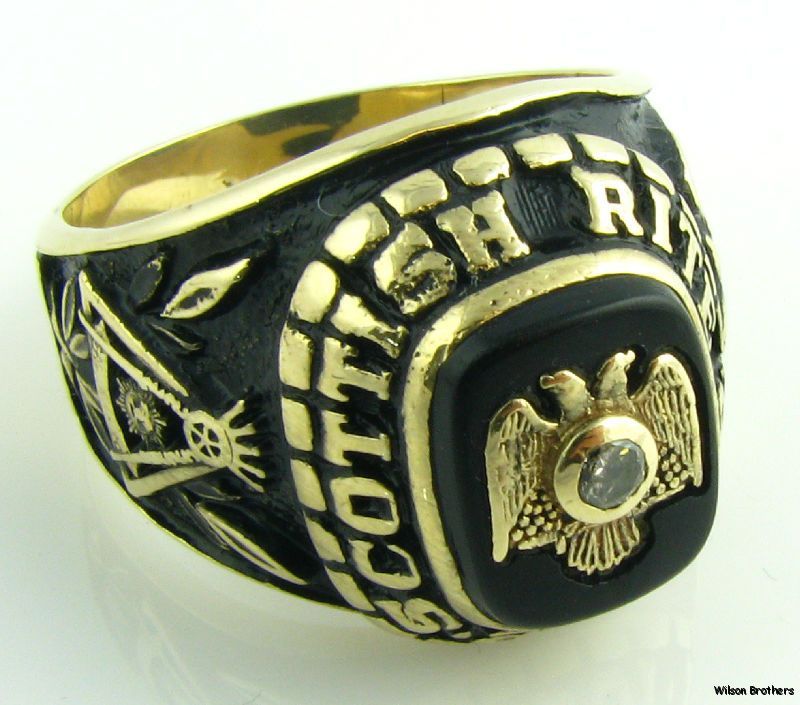 32nd Scottish Rite Diamond Onyx Masonic Class Ring   10k Gold Masons 