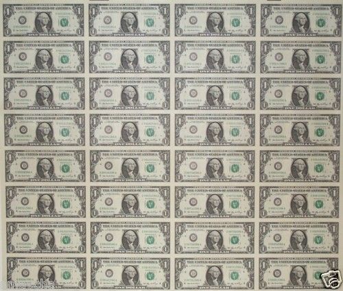 MINT CURRENCY   Uncut Sheet of 32   $1 DOLLAR BILLS  