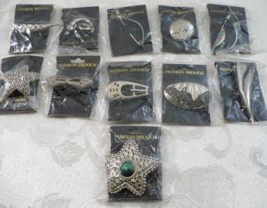 11 Silvertone Pins Brooches Stick Pins Leopard Bow Heart Lizard Stars 