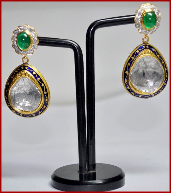 12.44ct Huge Uncut Diamond & 22k GOLD EMERALD DANGLERS  