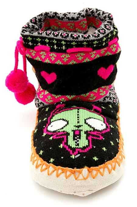 Invader Zim Gir Furry Fair Isle Pom Drawstring Knit Moccasins Slippers 