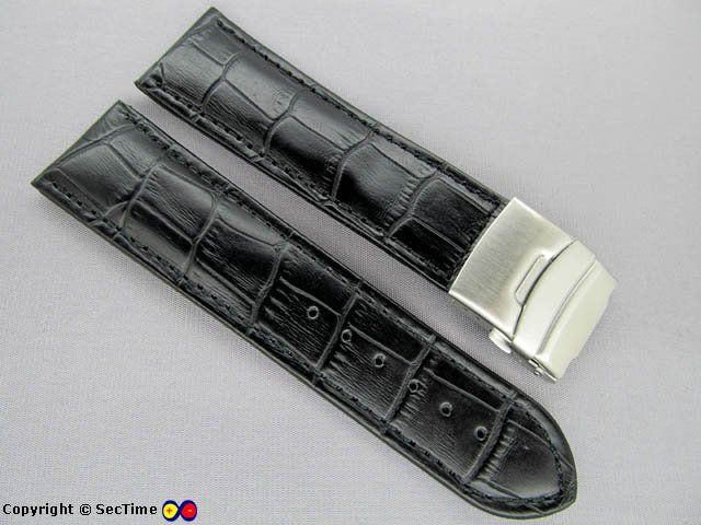 Leather Watch Strap CROCO Clasp Black/Black 26mm  